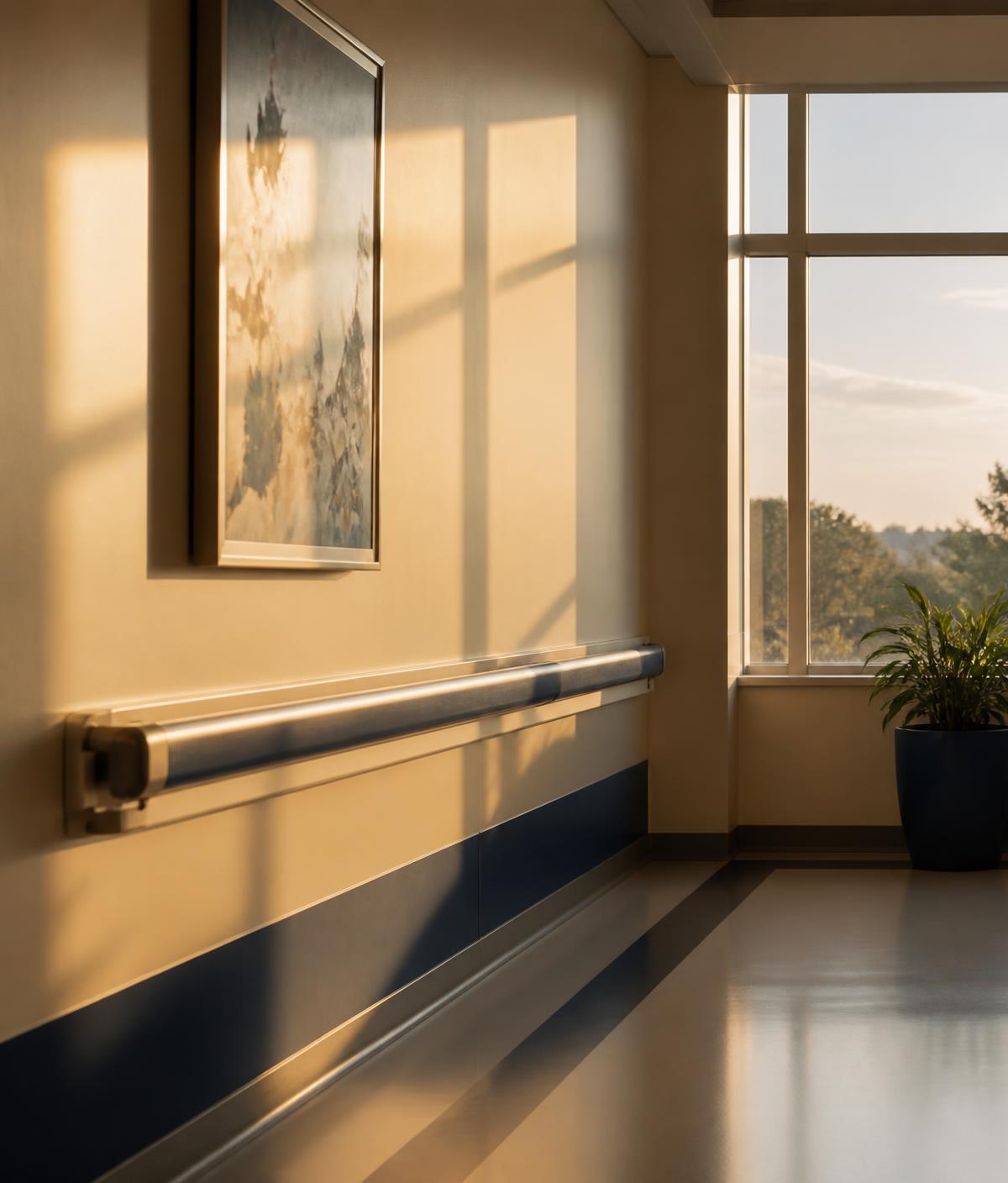 Sunlit hospital corridor with navy accents
